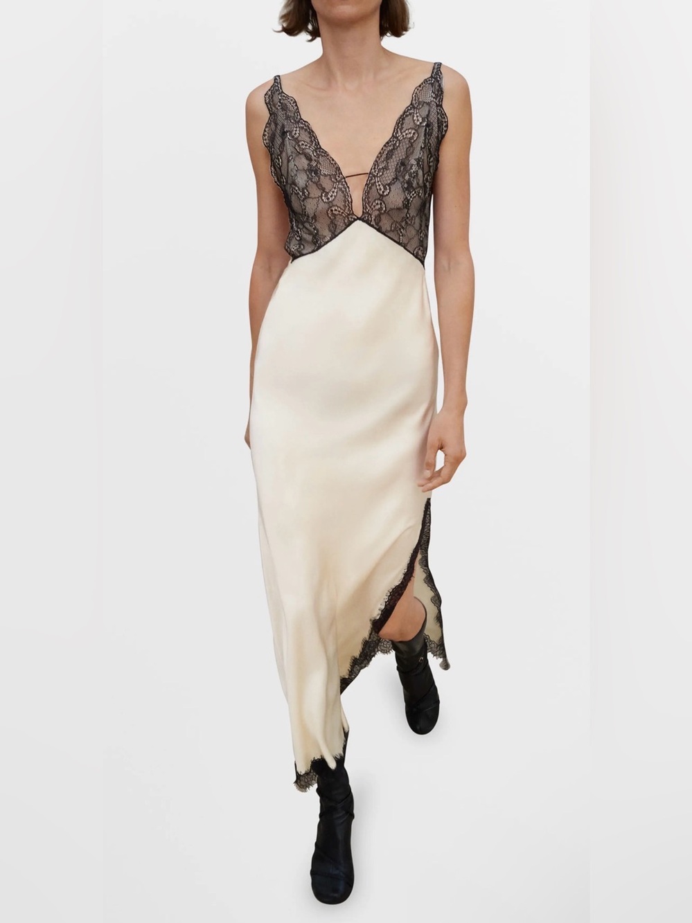 Mango MNG Selection Lace Satin Slip Dress Ivory Black Midi Size L NWT